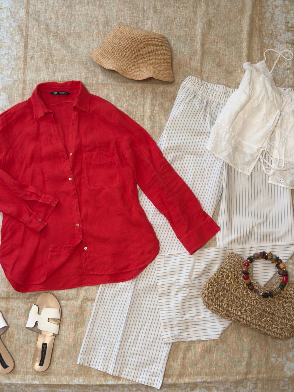 Zara Red Linen Button-Front Linen Shirt